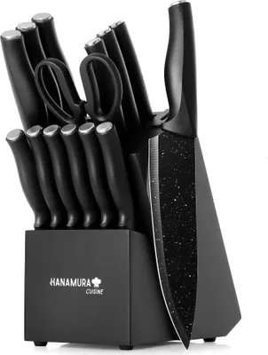 Produktbild von Hanamura messerblock - 14-teiliges Messerset Mit integriertem Messerschleifer & Küchenschere - Messerblock mit Messer Set - Küchenmesser Set