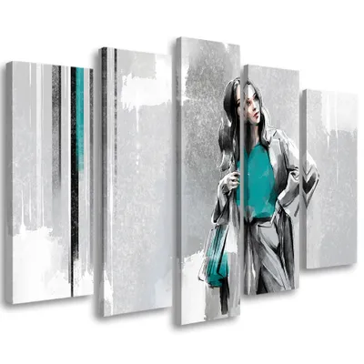 Produktbild von 5-teiliges leinwandbild frau im mantel 200x100 cm Feeby silber wandbild bereit zum aufhängen