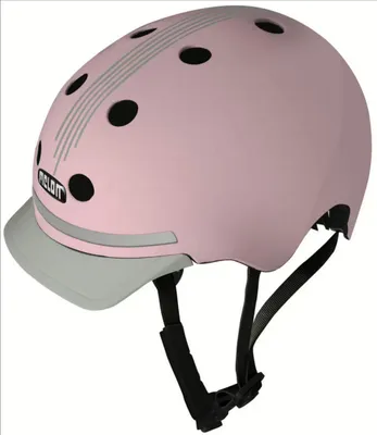 A pink bicycle helmet with a gray visor and reflective stripes.