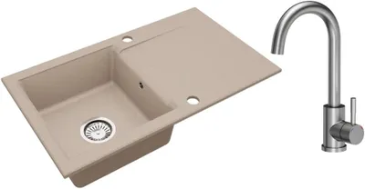 Produktbild von VBChome Granitspüle 76 x 44 cm Beige mit Armatur Einzelbecken Einbauspüle Reversibel Gesprenkelt Pflegeleichtes Spülbecken mit Siphon