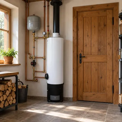 Imagen del producto de Calentador de agua combinado de 80 litros para combustibles sólidos y eléctrico, con válvula de seguridad – Blanco/Azul/Negro, calentadores de agua a gas y eléctricos