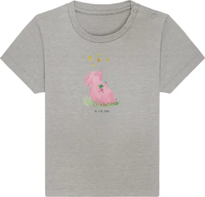 Produktbild von Mr. & Mrs. Panda Organic Baby Shirt Schwein Glück 0. - 6. Monat - Heather Grey - Geschenk, Glücksbringer, , Motivation, Babyshirt, Ziele, Träume, T-Shirt, Sterne, Öko