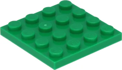 A single green LEGO plate is shown from a slightly elevated, diagonal angle against a white background.