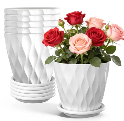 Produktbild von Set aus 6 Kunststoff-Blumentöpfen mit Untersetzern und Ablauflöchern, 15 cm Durchmesser