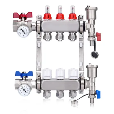 Produktbild von 3 Heizkreise | Heizkreisverteiler mit Eurokonus 3/4 (20 x 2 mm) mit Thermometer, 1" Kugelhähne Manueller Entlüfter Flussmesser Fußbodenheizung HKV