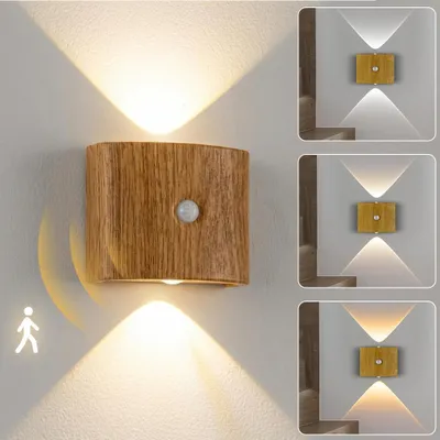 Zdjęcie produktu dla Lampka nocna LED z czujnikiem ruchu, zasilana akumulatorowo, naścienna, w stylu drewnianym, bezprzewodowa, bez konieczności wiercenia, z mocowaniem magnetycznym, ładowana przez USB-C, lampka nocna, oświetlenie schodów, oświetlenie przedpokoju, oświetlenie szafy