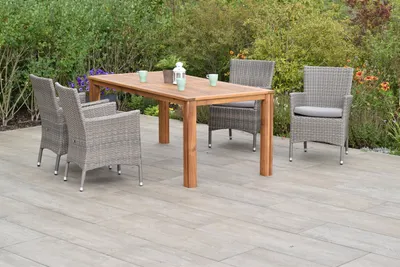 Produktbild von Merxx Gartenmöbelset "Teneriffa" 9tlg. mit Tisch 185 x 90 cm, inkl. Kissen - Aluminiumgestell mit Kunststoffgeflecht Grau-Beige und Akazienholz