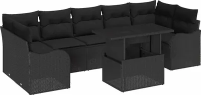 Image de vidaXL Ensemble de canapé de jardin avec coussins avec coussins 8 pcs noir Poly rotin