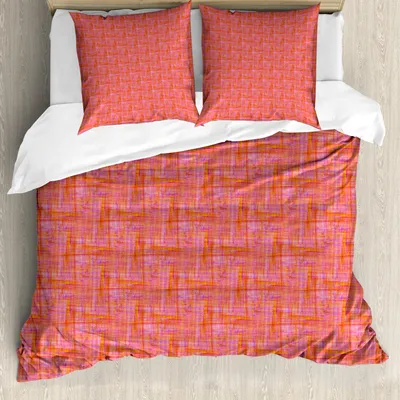 Produktbild von ABAKUHAUS Abstrakt Bettbezug Set, Surreal Konzept des Tartan Inspired Lackkunstwerkes mit dem warmen Farben, 200 x 200 cm + 80 x 80 cm, Fuchsienfarben Dunkle Koralle