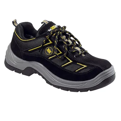 A single black and yellow teXXor safety shoe is shown against a white background.