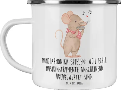 Produktbild von Mr. & Mrs. Panda Emaille Tasse Mundharmonika Freude - Weiß - Geschenk, Musiker, Pott, Instrument, Humor, Emailletasse, Teetasse, Haferl, Musik, Musikinstrument, Ironie