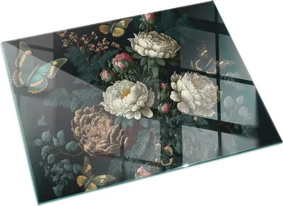 Produktbild von Florales Muster mit Schmetterlingen – Glasbodenplatte für – Kaminofen – Kaminplatte Glas – Schutzglas – Funkenschutzplatte –Glasbodenplatte Feuerfeste – Hitzeschutzplatte – Bodenschutz aus Glas – 120x80 cm