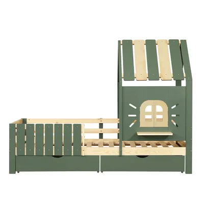 Produktbild von Flieks Kinderbett Hausbett 90x200cm mit 2 Schubladen, Kinderbett Holzbett Einzelbett mit Rausfallschutz und Lattenrost, Kinderbett mit Fenster, Grün