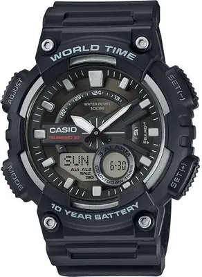 A close-up studio shot of a black Casio watch.
