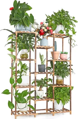 Produktbild von Pflanzenregal, Holz Blumenständer, multifunktionale kreative Blumenleiter, Dekoration, Pflanzenständer für drinnen und draußen, Balkon, Wohnzimmer, Büro, Garten, 11 Ebenen