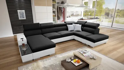 Produktbild von Wohnlandschaft in U-Form PERS VI Ecksofa Eckcouch mit Schlaffunktion (Schwarz SAWANA 14 + weißes Kunstleder, Links)