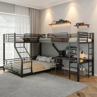 Produktbild von Metallbett 3 Schlafplätze 90x200 140x200 mit Schreibtisch USB Steckdose Schwarz EN747