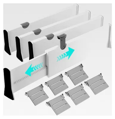 Produktbild von 4er Set verstellbare Schubladentrenner, Länge 37,5–54 cm, Höhe 10 cm, 6 Trennwände, geeignet für verschiedene Schubladen wie Frisiertisch und Schlafzimmer (weiß)