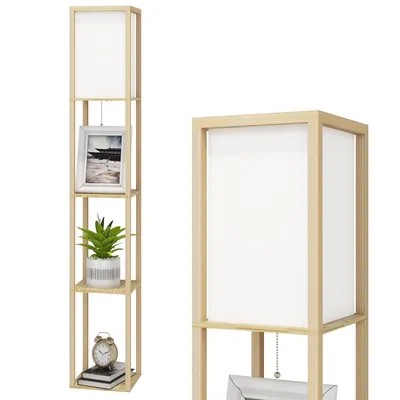 Productafbeelding van Puluomis, 3-laags staande lamp, vloerlamp, staande lamp, bodenlamp, E27 binnenverlichting voor slaapkamer en woonkamer, houten plank, houtkleur, 160 cm