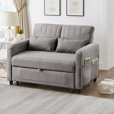 A grey sofa bed is shown in a living room setting with a lamp and pictures on the wall.