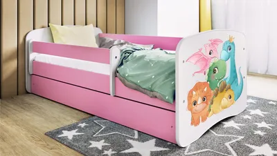 Produktbild von Kinderbett Rosa 70x140 80x160 80x180 cm – mit Matratze, Rausfallschutz und Schublade – Jugendbett für Mädchen – Stabil und Sicher – Dinosaurier – 180x80 cm, KI-generiertes Bild