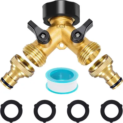 A Y-shaped garden hose splitter with two separate shut-off valves, along with sealing tape and rubber gaskets, displayed on a white background.