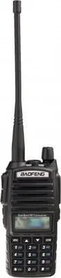 A black Baofeng UV-82 UHF radio transceiver with its antenna extended, shown from the front against a white background.