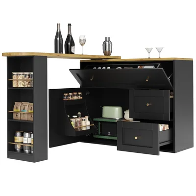 Produktbild von Ausziehbarer Bartisch mit Stauraum(Schwarz)Küchenschrank,Sideboard mit Snackregal,Teleskopischer Bartisch,Stehtisch Bistrotisch Hochtisch Kücheninsel
