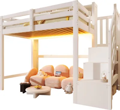 Produktbild von Hochbett mit RGB LED-Streifen, Stauraum, Lattenrost, Rausfallschutz und Regal, Treppe mit Regal, 90x200 cm, Kinderbett, Einzelbett, Kiefer