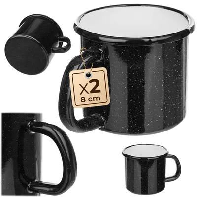 2 Emaille Mokken 400 ml, Campingbecher, Kaffeetasse mit Henkel, schwarz