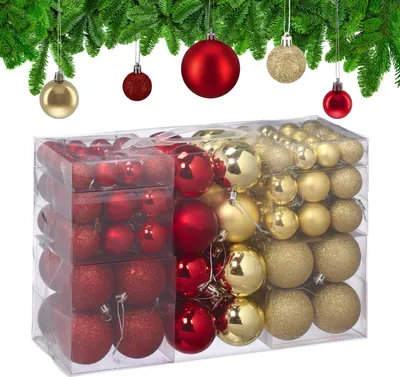 Produktbild von Relaxdays Weihnachtskugeln 100er Set, Weihnachtsdeko, matt, glänzend, glitzernd, Christbaumkugel ∅ 3, 4 & 6 cm, gold/rot