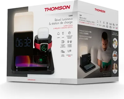 The image shows the packaging of a Thomson 4-in-1 charging station, with a lifestyle shot of a person using it.