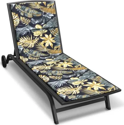 A black chaise lounge with a tropical leaf print cushion, shown on a white background.