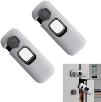 Immagine prodotto di Set di dispositivi di sicurezza per bambini (2 pezzi) – Blocchi di sicurezza per frigorifero, armadio e cassetto, colore grigio, installazione con forte adesivo, montaggio senza foratura