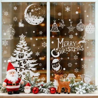 Obrázek produktu pro Samolepicí vánoční okenní nálepky, sada 9 kusů, motiv: sněhové vločky, sněhulák, Santa Claus, rozměr 30x20 cm, materiál: PVC