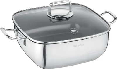 A square stainless steel pot with a glass lid and handles, shown from a slightly elevated angle against a white background.