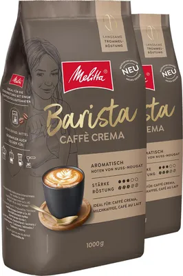 Two bags of Melitta Barista Caffè Crema coffee beans are shown, with one bag in the foreground and the other slightly behind it. A stylized illustration of a woman is on the front of the bag, and a cup of coffee with latte art is also depicted.