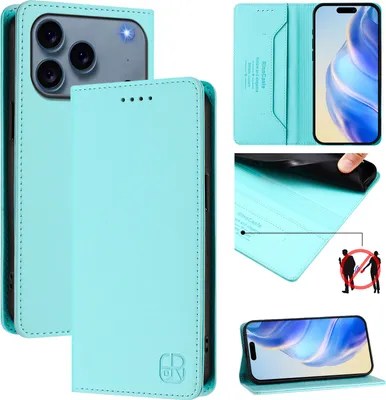 Produktbild von Lederhülle für iPhone 17 Pro Hülle Flip Brieftasche Kartenfächern Ständer Schutzhülle Türkis
