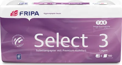 Immagine prodotto di Fripa 1030808 Carta igienica Select - 3 veli, TAE, goffrata, bianco brillante, 8 rotoli da 180 fogli ciascuno