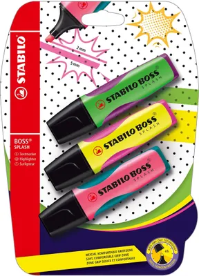 Zdjęcie produktu dla Zakreślacz - STABILO BOSS SPLASH - Zestaw 3 sztuk - żółty, zielony, różowy