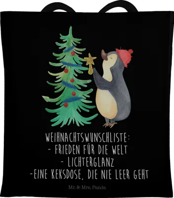 Produktbild von Mr. & Mrs. Panda Stoffbeutel Pinguin Weihnachtsbaum - Schwarz - Geschenk, Winter, Tote Bag, Shopping Tasche, Weihnachten, Tragetasche, Laptoptasche