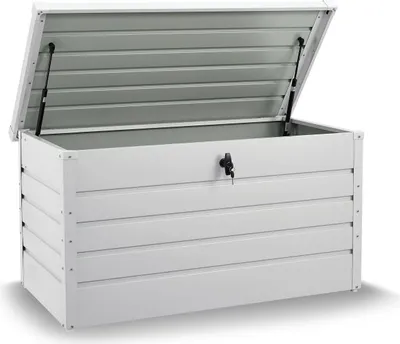 Produktbild von Juskys Metall Aufbewahrungsbox Limani 380 Liter - Outdoor Box - wasserdicht, abschließbar - Gartenbox, Auflagenbox, Kissenbox für Garten Weiß