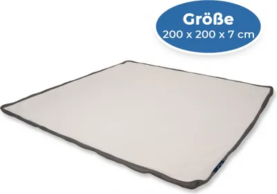 A white topper with a gray border is shown from a slightly elevated angle on a white background.