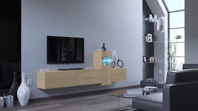 Produktbild von Furnitech Wohnwand Wohnzimmer - Wohnzimmer Möbel mit LED Blau - Hängend Wohnwand Modern - Regale und TV Schrank (Vector AN61-M-DZ-3 1A)