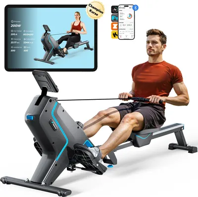 Produktbild von Merach klappbares Rudergerät – leise Magnetbremse, 16 Stufen, LCD-Display & Tablet-Halter, Kinomap-App, gepolsterter Sitz, Ganzkörper-Workout