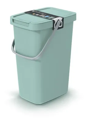 A light green trash can with a gray handle and a label on the lid.