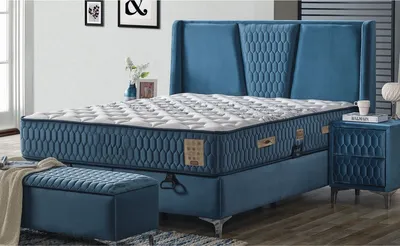 Produktbild von Casa Padrino Luxus Doppelbett Blau / Weiß / Silber 180 x 200 cm - Massivholz Bett mit Kopfteil und Matratze - Schlafzimmer Möbel - Hotel Möbel - Luxus Möbel - Luxus Einrichtung