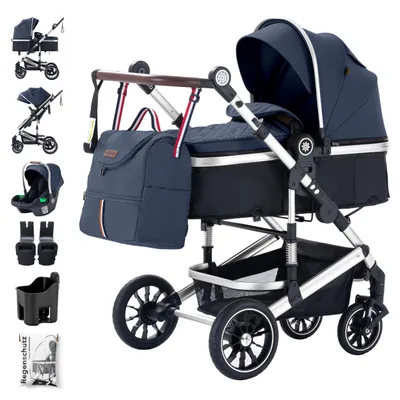 Produktbild von Daliya® NEOMOVE 3in1 Kinderwagen | mit i-Size Babyschale & Buggy | Alu-Rahmen Reisekinderwagen | Kombikinderwagen mit großen Einkaufskorb | für Stadt und Gelände | Sicher & Komfortabel (Rahmen: Silber, Stoff: Blau)