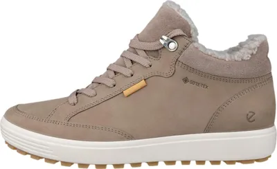 A side view of a taupe Ecco Soft 7 Tred W Warm Gtx shoe against a white background.