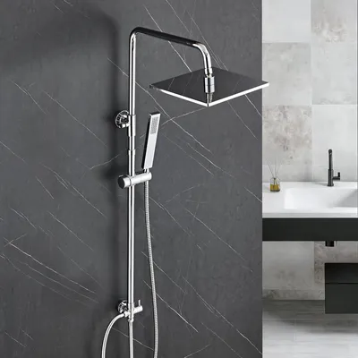 Immagine prodotto di Sistema doccia a pioggia JOHO in acciaio inox senza rubinetteria, asta doccia regolabile in altezza 74-114 cm, doccetta in acciaio inox, soffione 20x20 cm cromato